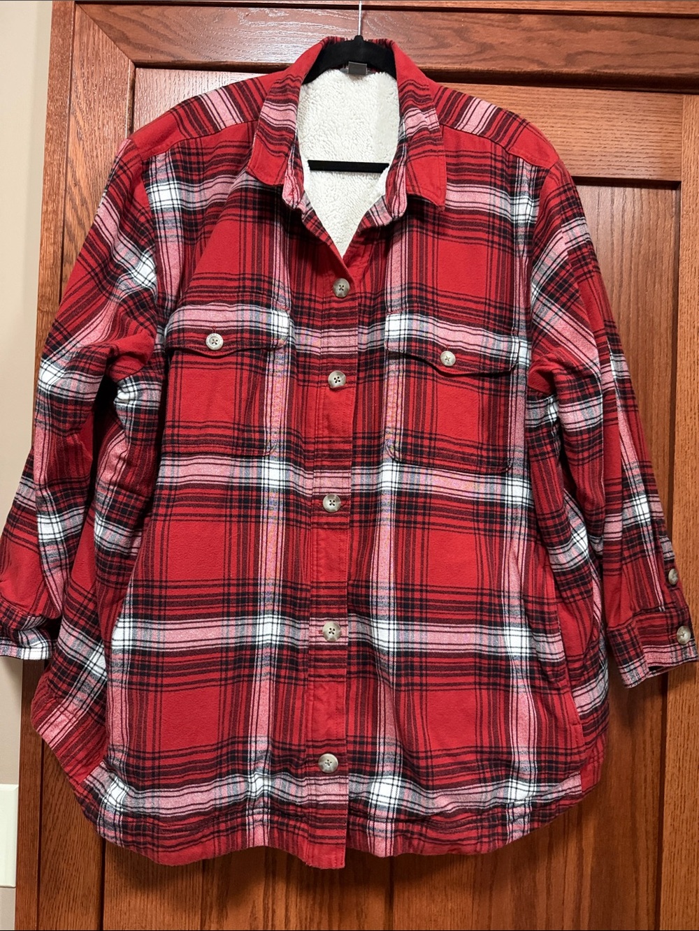 Eddie Bauer Red Black White Plaid Button-Down Sherpa lined Shacket